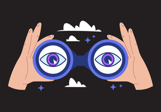 Hand hold binoculars front view future business view concept. Vector graphic design illustration element