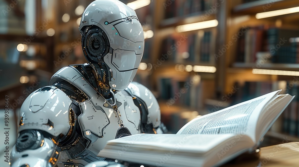 Aufkleber A robot are studying new foreign words from the book. Generative AI.