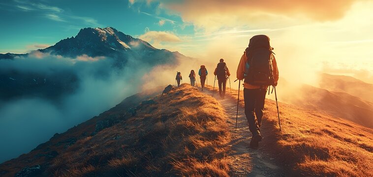 Hikers trek along a mountain trail, surrounded by vibrant scenery and clouds. The atmosphere is exhilarating and awe-inspiring, reflecting the joys of exploration and adventure.