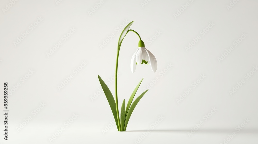 Poster a 3d single icon of a white snowdrop flower with a curved stem and delicate petals symbolizing early