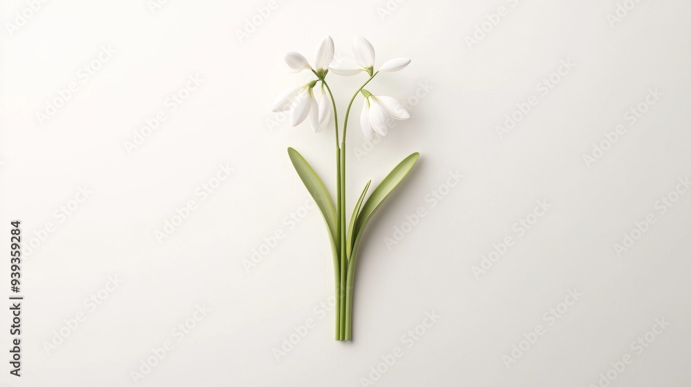 Poster a 3d single icon of a white snowdrop flower with a curved stem and delicate petals symbolizing early