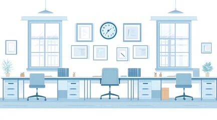 Fototapeta premium illustration of an office space with desks, chairs and bookshelves,workspace