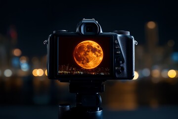 A close-up of a camera capturing a lunar eclipse, with the moon clearly visible on the screen, ready to be photographed