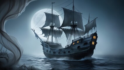 Ancient Pirate Medieval Ship/ Mystical ship sails at foggy night sea by AI