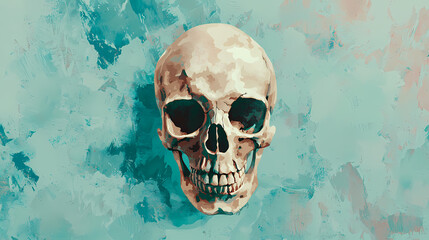 Painted Human Skull on Teal Background