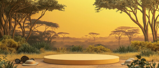 A serene landscape featuring a circular platform surrounded by lush trees at sunset, ideal for creative presentations.