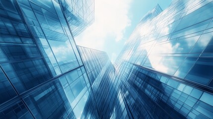 Modern glass skyscrapers reflecting a bright sky, showcasing architectural elegance, urban development, and corporate business environments.