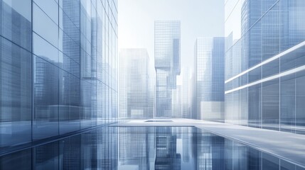 Modern glass skyscrapers reflecting in a sleek urban environment under a clear sky. Futuristic cityscape with high-rise buildings and sharp lines.