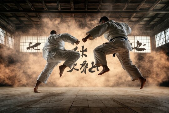 Two martial artists engage in practice within a traditional dojo filled with smoke, emphasizing themes of discipline, strength, and the art of martial arts.