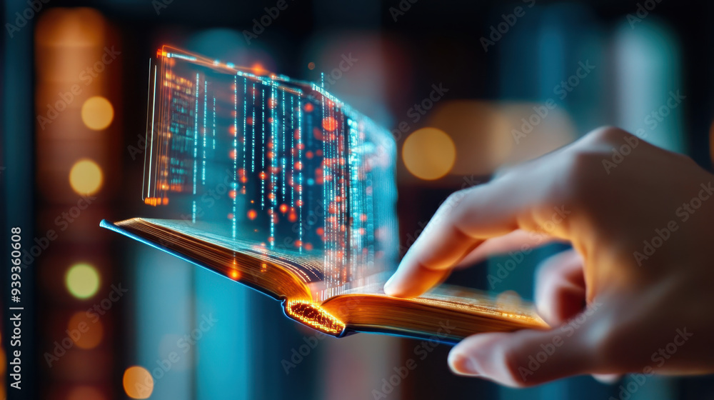 Poster hand holding an open book with glowing digital data emerging from its pages, symbolizing the interse