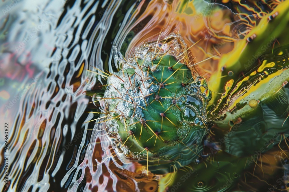 Poster cactus floating on water surface is creating abstract reflections