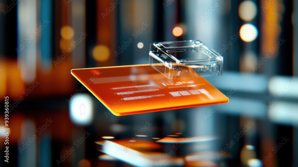 Poster transparent electronic device hovering over an illuminated orange panel showcasing digital data in a