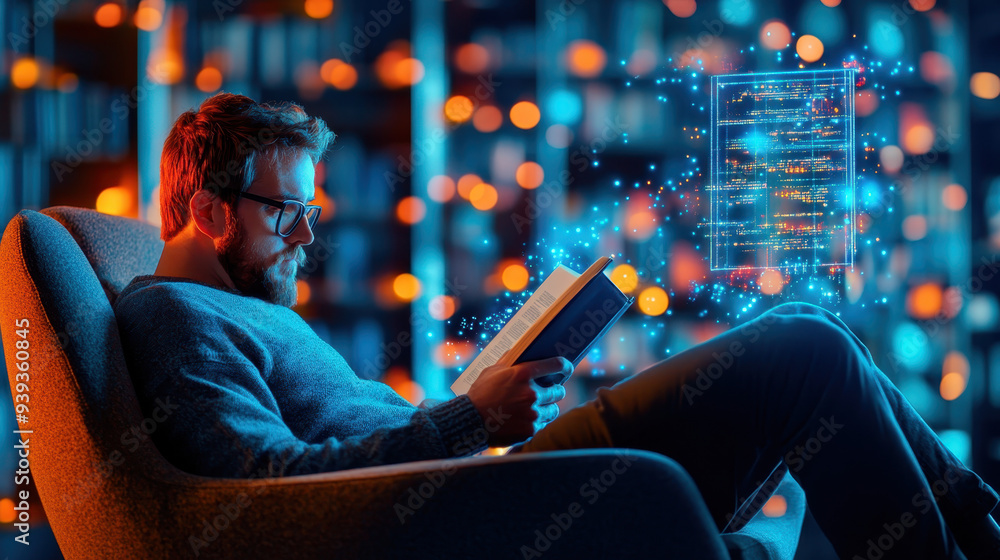 Poster man reading a book in a cozy chair surrounded by floating digital data in a warmly lit library setti