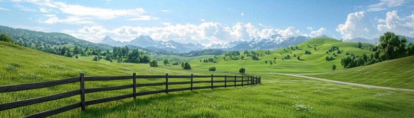 Fototapeta premium Serene Meadow Landscape: A picturesque, green meadow stretches out under a brilliant blue sky, with a wooden fence leading the eye into the distance