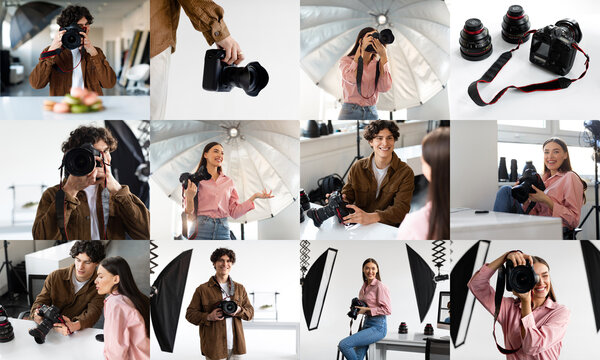 A group of young photographers and models are working together in a well-lit studio space. They are using professional cameras, lenses, lighting equipment - Powered by Adobe