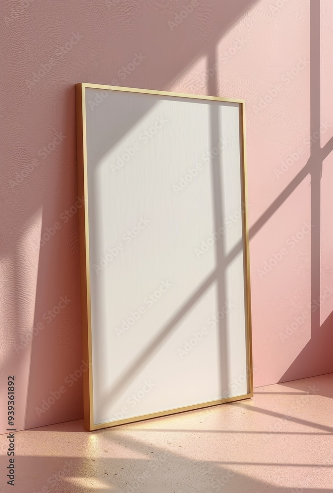 Sticker This minimalist image captures a blank white frame leaning against a soft pink wall, with shadows creating a serene and calm atmosphere in the space.