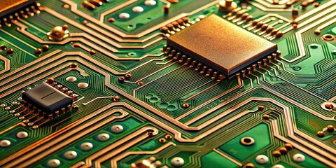 Close-up of a printed circuit board featuring a complex layout of intricately designed copper tracks, pads, and components on a green substrate background.
