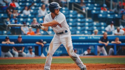 Baseball player in uniform preparing to hit a pitch in a major league stadium