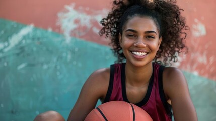 Female basketball player with a vibrant smile, sitting on the bench and holding a basketball