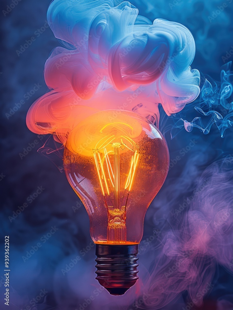 Poster a vibrant light bulb emitting colorful smoke symbolizing creativity and innovation in design and tec