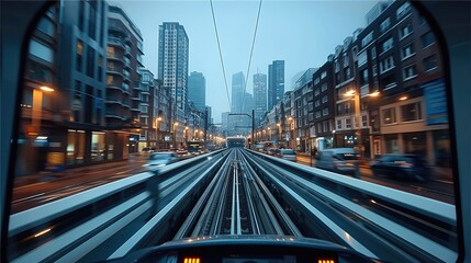 Obraz premium View of train ride in the city on a monorail. Generative AI.