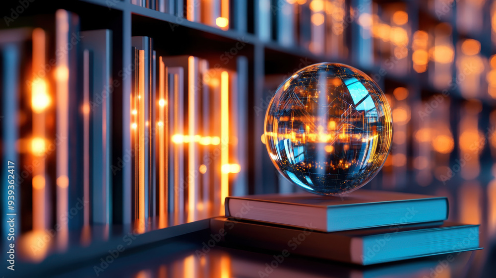 Poster glass globe on stacked books in a library background with glowing lights, representing knowledge, ex