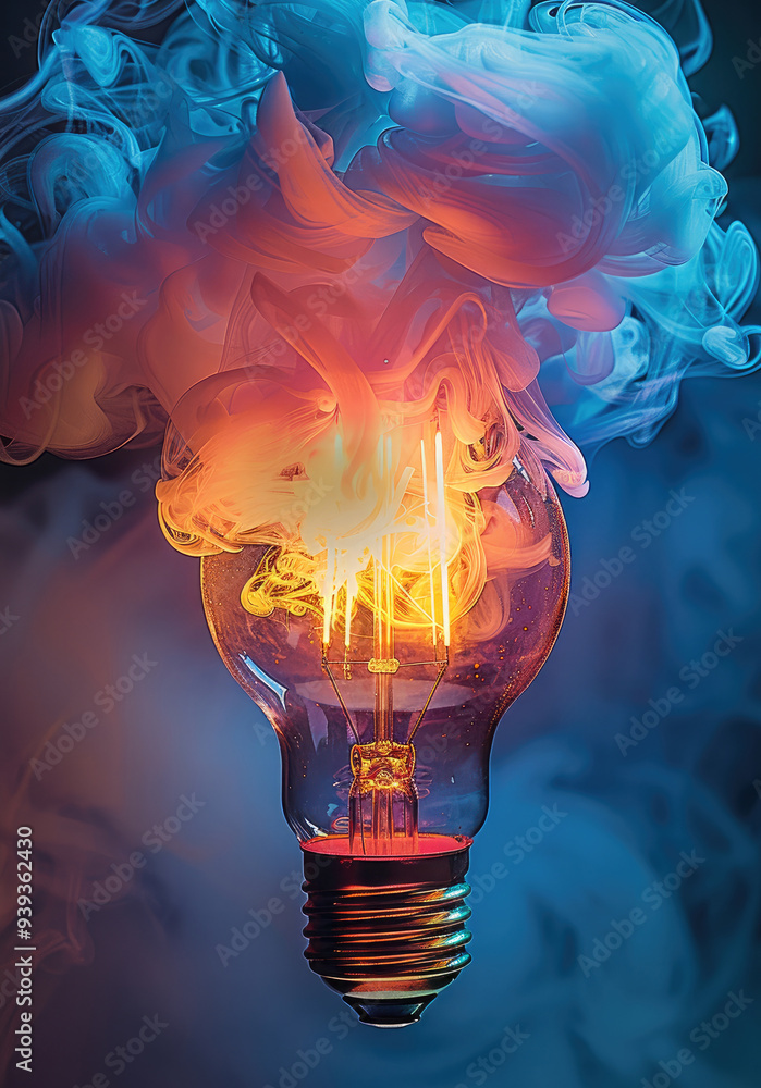 Poster a vibrant light bulb emitting colorful smoke symbolizing creativity and innovation in design and tec