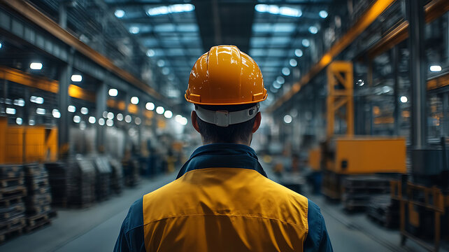 Engineer wearing hardhat tanding in industrial, viewed from behind.