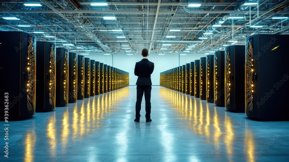 Poster a professional in formal attire observes rows of data servers in a modern data center, showcasing te