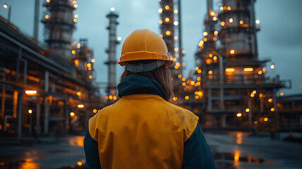 Engineer wearing hardhat an oil refinery, viewed from behind.