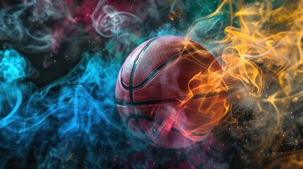 Close-up of a basketball surrounded by swirling colored smoke