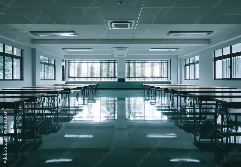 Poster empty classroom with rows of desks and chairs