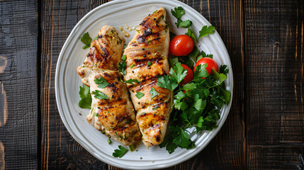 Grilled chicken breasts with herbs and spices served on a white plate with fresh parsley and cherry tomatoes