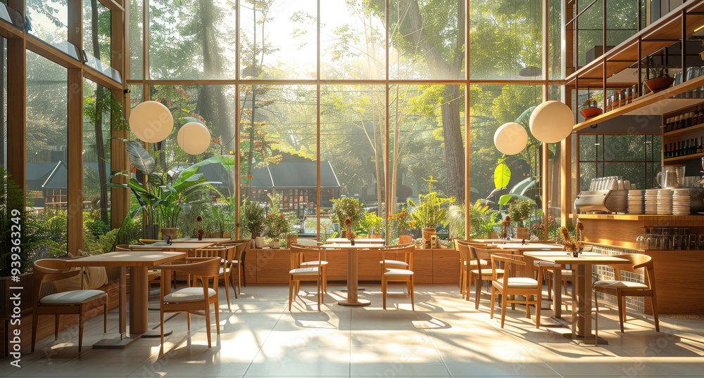 Poster a bright and airy cafe with tall ceilings and large floor-to-ceiling windows that fill the space wit