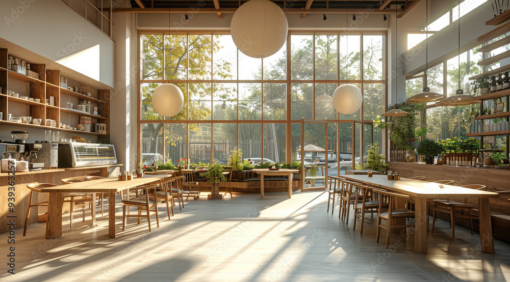 Poster a bright and airy cafe with tall ceilings and large floor-to-ceiling windows that fill the space wit