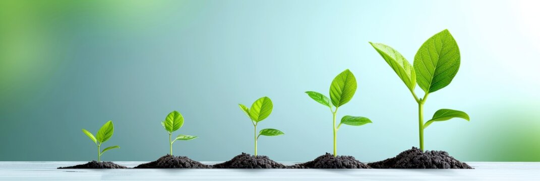 Growth concept with five stages of plant development from seedling to full plant, symbolizing progress and evolution on a green background.