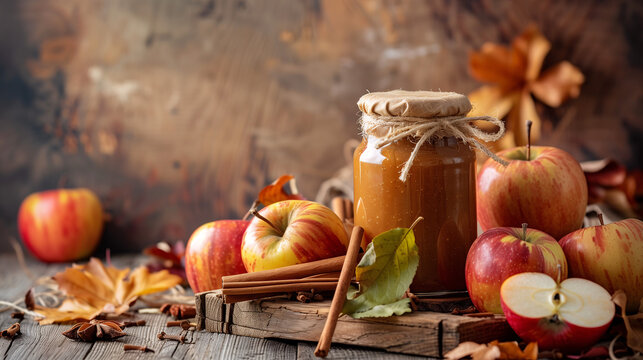 homemade apple butter, with a jar of apple butter, fresh apples, and cinnamon sticks, set on a rustic wooden table