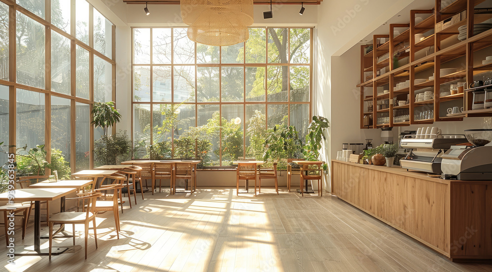 Poster a bright and airy cafe with tall ceilings and large floor-to-ceiling windows that fill the space wit