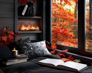 Fototapeta premium Cozy autumn interior with a book, candles, and bright red foliage viewed through a window, creating a warm atmosphere.