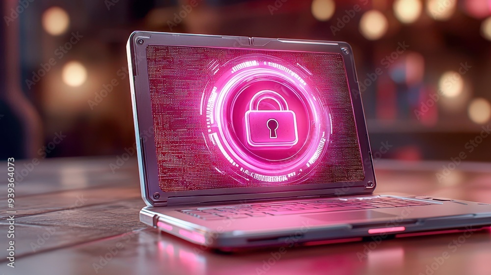 Poster a futuristic laptop displaying a glowing pink padlock symbol, representing digital security and encr