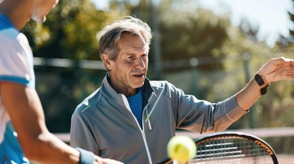 Tennis instructor assisting his adult student with the serve on the tennis court