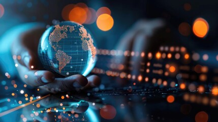 Digital globe in hand represents global connectivity and technology trends in a modern, data-driven world.