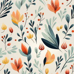 A seamless pattern featuring colorful flowers and leaves on a light beige background.