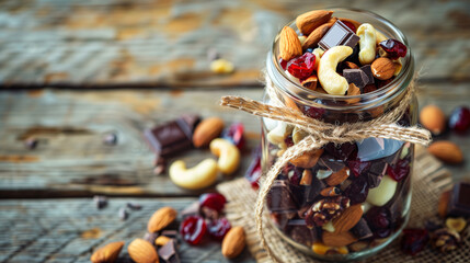 Fototapeta premium a fruit and nut trail mix, including almonds, cashews, dried cranberries, and dark chocolate chunks, displayed in a mason jar with a burlap ribbon, on a rustic wooden table