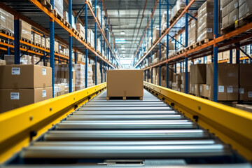 Box in conveyor belt, Product in warehouse, Industrial storage room concept, Goods in carton box on shelf in warehouse.