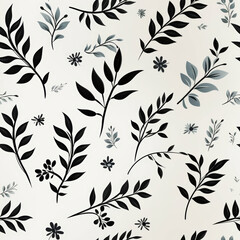 A seamless pattern of black and blue floral branches on a white background.