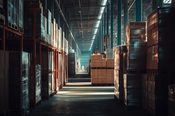 Fototapeta premium Product in warehouse, Industrial storage room concept, Goods in carton box on shelf in warehouse.