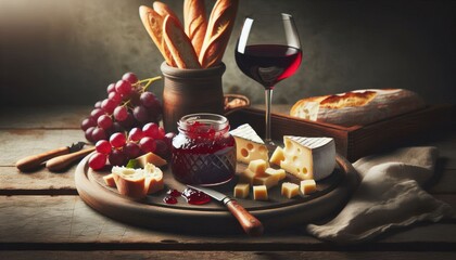 A rustic wooden board with cheese wedges, jar of red jam, baguette slices, red wine glass, simple geometric rendering, depth of field, moody lighting
