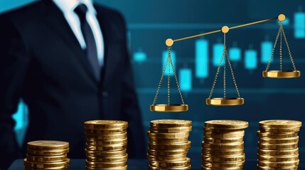 Businessman balancing wealth and ethics in finance with gold coins and scales, representing financial decision-making.