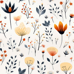 Seamless floral pattern with a white background featuring various abstract flowers in orange and yellow colors, along with blue-green leaves and stems.
